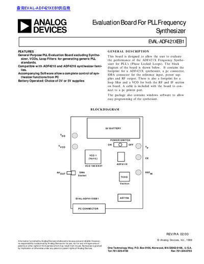 ANALOG DEVICES Evaluation Board For PLL Frequency Synthesizer EVAL-ADF421XEB1 Manual - cover page