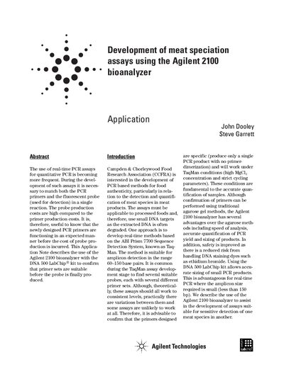 Agilent 2100 Bioanalyzer Application Note: Meat Speciation Assays - cover page