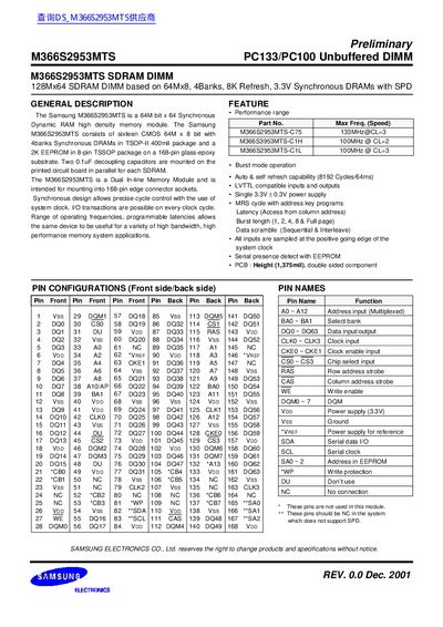 Samsung M366S2953MTS SDRAM DIMM Datasheet - cover page
