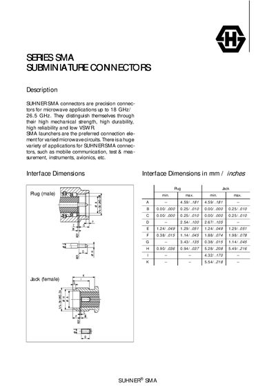 Suhner SMA Series Subminiature Connectors Datasheet - cover page