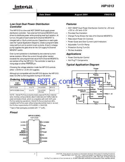 Intersil HIP1013 Dual Power Distribution Controller Datasheet - cover page