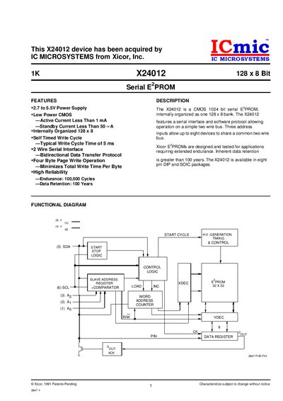 Xicor X24012 EEPROM Datasheet