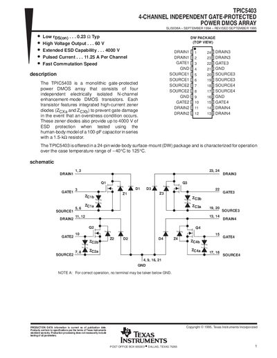 TEXAS INSTRUMENTS TPIC5403 4-CHANNEL INDEPENDENT GATE-PROTECTED POWER DMOS ARRAY handbook - cover page