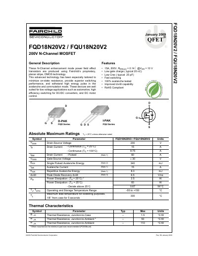 Fairchild Semiconductor FQD18N20V2/FQU18N20V2 200V N-Channel MOSFET Datasheet - cover page
