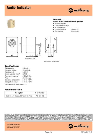 MULTICOMP ABI-030-RC Audio Indicator Datasheet - cover page