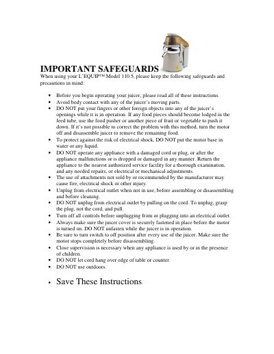 L'EQUIP Model 110.5 Juicer User Manual - cover page