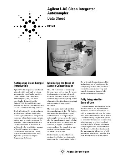 Agilent I-AS Clean Integrated Autosampler Data Sheet - cover page