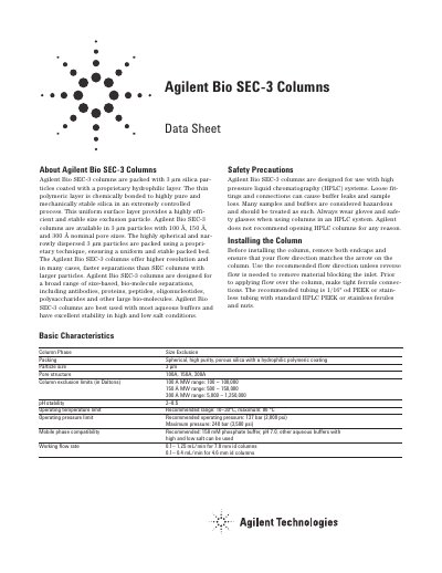 Agilent Bio SEC-3 Columns Datasheet - cover page