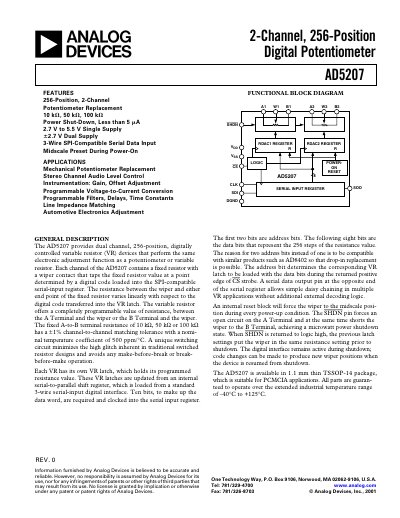Analog Devices AD5207 Digital Potentiometer Datasheet - cover page