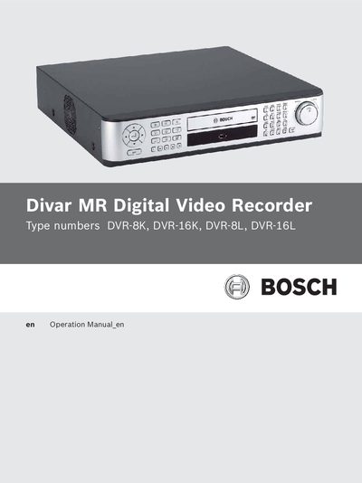 Bosch DVR-8K/DVR-16K/DVR-8L/DVR-16L Digital Video Recorder Operation Manual - cover page
