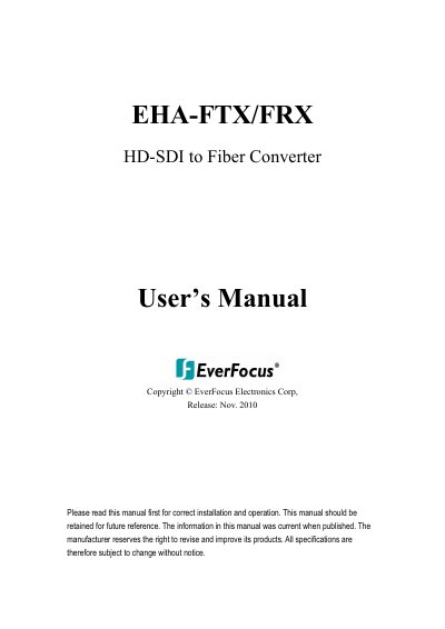 EverFocus EHA-FTX/FRX HD-SDI to Fiber Converter User's Manual - cover page