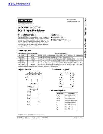 Fairchild 74AC153/74ACT153 Dual 4-Input Multiplexer Datasheet - cover page