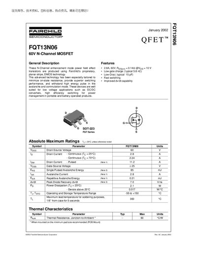 Fairchild FQT13N06 MOSFET Datasheet - cover page