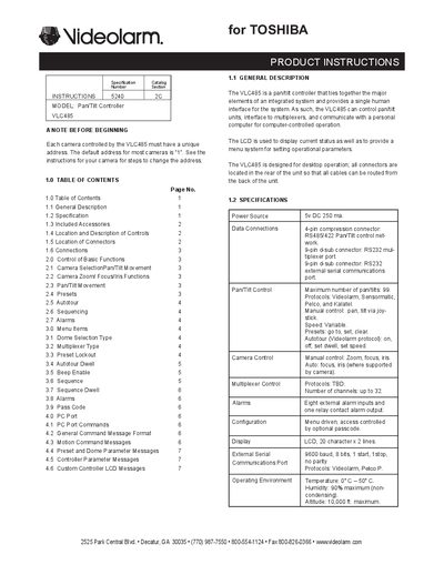 Videolarm VLC485 Pan/Tilt Controller User Manual - cover page