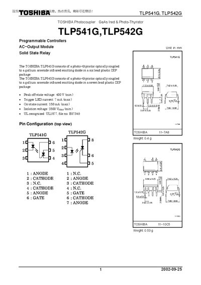 Toshiba TLP541G/TLP542G Photocoupler Datasheet