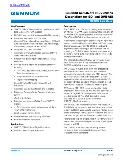 Gennum GS9090 Deserializer Data Sheet - cover page