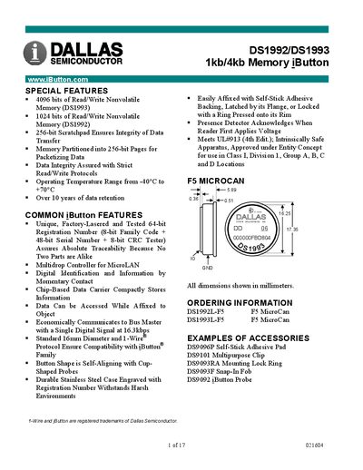 MAXIMDS1992/DS1993 1kb/4kb Memory iButton handbook - cover page