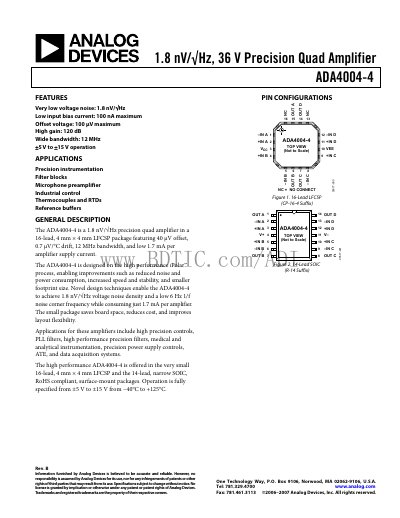 Analog Devices ADA4004-4 Quad Amplifier Datasheet - cover page