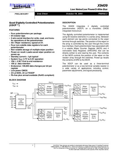 Intersil X9409 Quad Digitally Controlled Potentiometer Datasheet - cover page