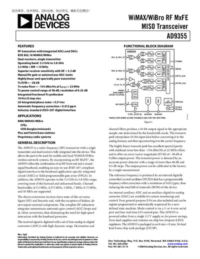 Analog Devices AD9355 WiMAX/WiBro RF MxFE MISO Transceiver Handbook - cover page