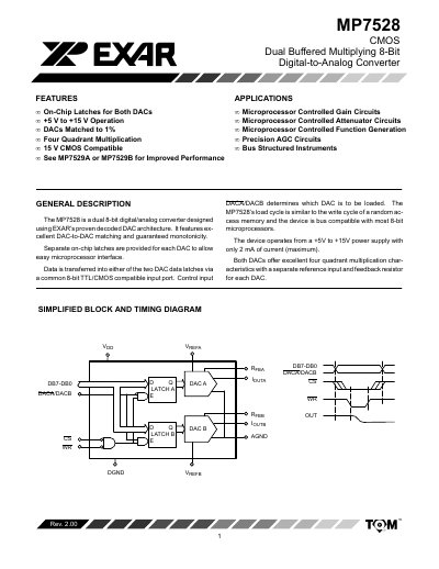 EXAR MP7528 Dual 8‑Bit Digital‑to‑Analog Converter Datasheet - cover page