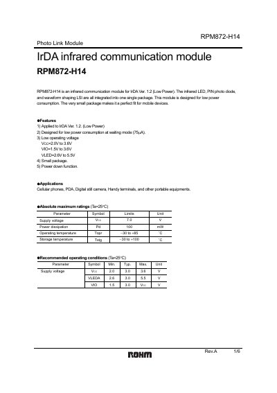 ROHM RPM872-H14 Photo Link Module Datasheet