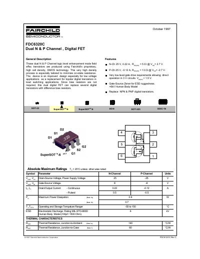 Fairchild FDC6320C Dual N & P Channel Digital FET Datasheet - cover page