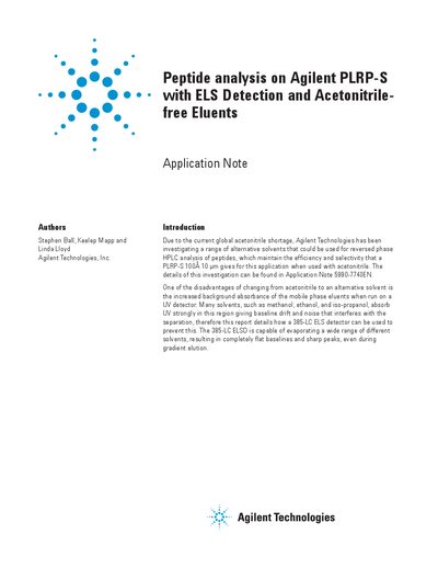 Agilent Analysis of Peptides on a PLRP-S 100&Aring; 10 m with ELS Detection Acetonitrile-free Eluents Manual