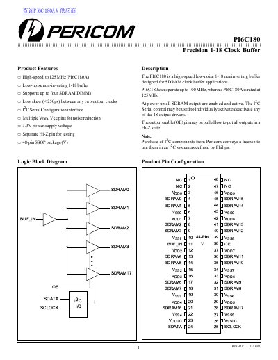 Pericom PI6C180 Precision 1-18 Clock Buffer Datasheet
