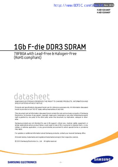 SAMSUNG 1Gb F-die DDR3 SDRAM 78FBGA with Lead-Free Halogen-Free (RoHS compliant) K4B1G0846F handbook  - cover page