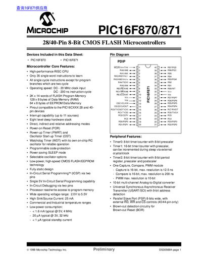 Microchip PIC16F870/871 28/40-Pin 8-Bit CMOS FLASH Microcontrollers Data Sheet - cover page