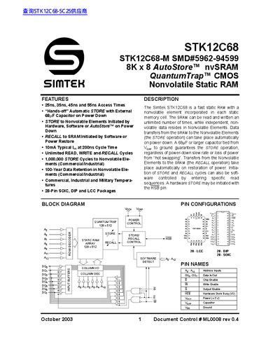 SIMTEK STK12C68 DATA SHEET1 - cover page