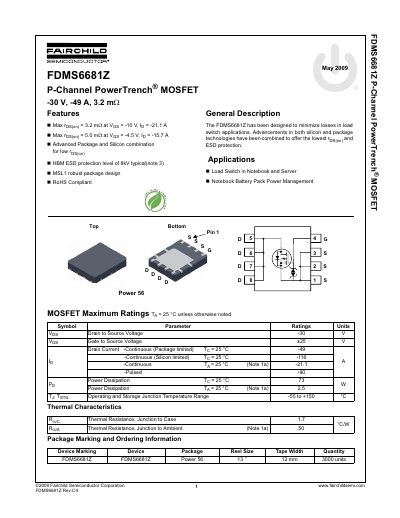 Fairchild Semiconductor FDMS6681Z P-Channel MOSFET Datasheet - cover page