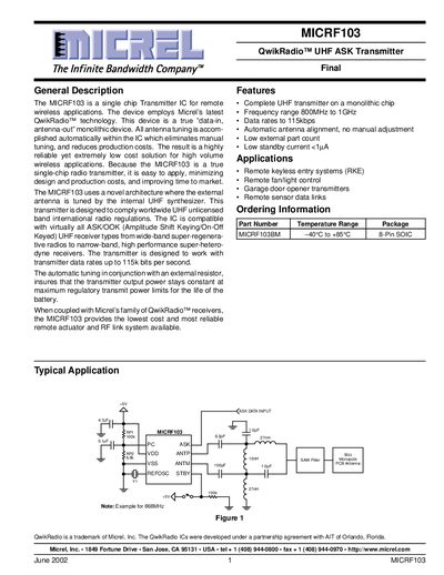 Micrel MICRF103 Datasheet - cover page