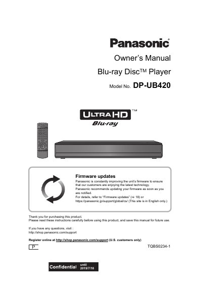 Panasonic DP-UB420 Blu-ray Disc Player Owner’s Manual - cover page