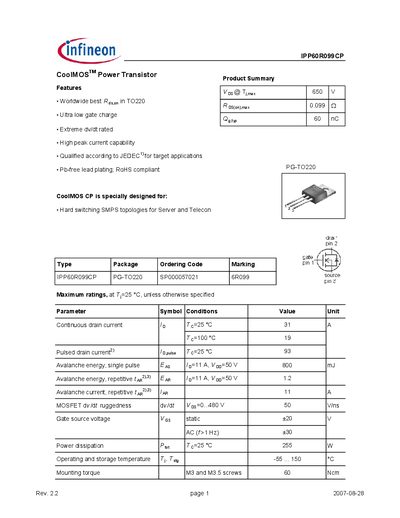 Infineon IPP60R099CP Datasheet - cover page