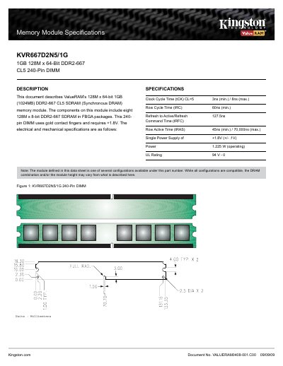 Kingston KVR667D2N5/1G Memory Module Datasheet - cover page
