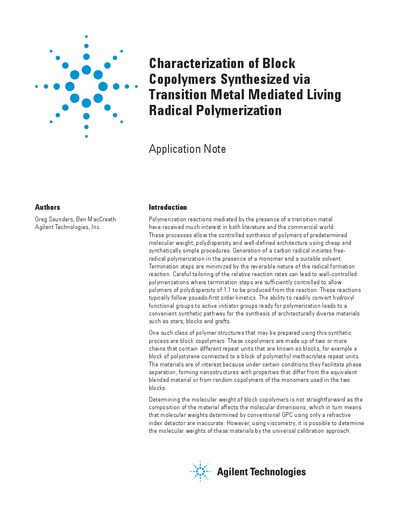 Characterization of Block Copolymers via Transition Metal Mediated Living Radical Polymerization Application Note - cover page
