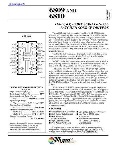 Allegro MicroSystems A6809/A6810 10-Bit Serial-Input Latched Source Drivers Datasheet