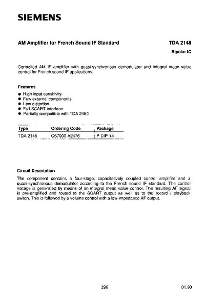 Siemens TDA 2148 AM Amplifier for French Sound IF Standard Datasheet