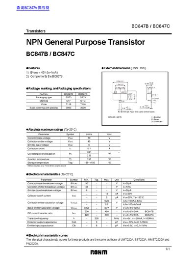 ROHM BC847B / BC847C NPN General Purpose Transistor Datasheet - cover page