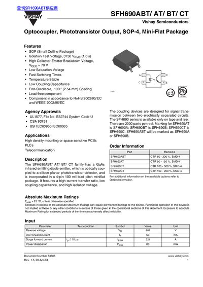 Vishay SFH690ABT/AT/BT/CT Optocoupler Datasheet - cover page