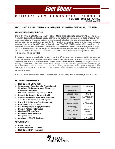 TEXAS INSTRUMENTS-THS1206M-5962-9957701NXD Data Converters - cover page