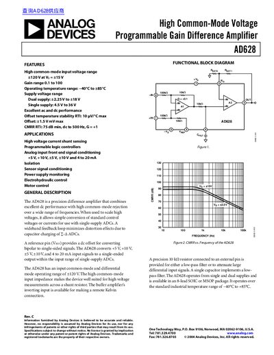 Analog Devices AD628 High Common-Mode Voltage Programmable Gain Difference Amplifier Datasheet - cover page