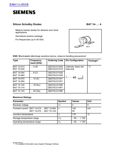 Siemens BAT 14-...4 Silicon Schottky Diodes Datasheet
