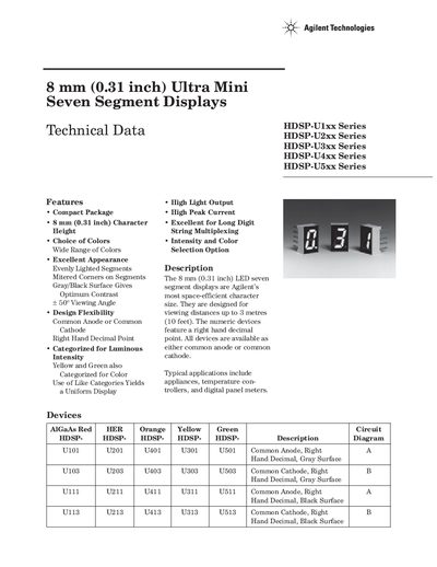 AVAGO TECHNOLOGIES HDSP-U1xx Series HDSP-U2xx Series HDSP-U3xx Series HDSP-U4xx Series HDSP-U5xx Series 8 mm (0.31 inch) Ultra Mini Seven Segment Displays Technical Data - cover page