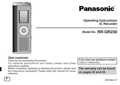 Panasonic RR-QR230 IC Recorder Operating Instructions - cover page