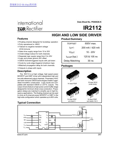 International Rectifier IR2112 High and Low Side Driver Data Sheet - cover page