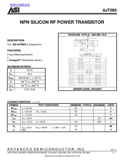 ASI AJT085 NPN Silicon RF Power Transistor Datasheet - cover page
