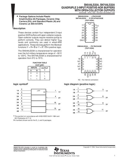 Texas Instruments SN54ALS33A SN74ALS33A Quad 2-Input Positive-NOR Buffers Open-Collector Datasheet - cover page